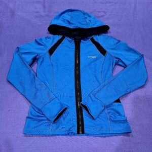 RARE!!Bebe Sport Logo Black Mesh/Royal Blue Hoodie Full Zip Jacket - Small.